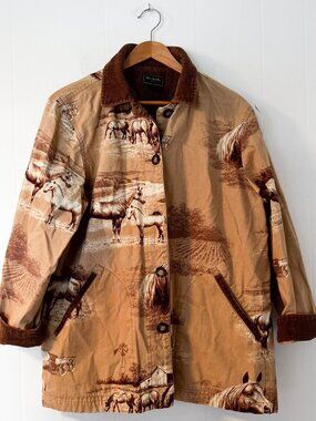 Bit & Bridle Horse Print Utility Barn Jacket Vintage Equestrian Chore Coat M